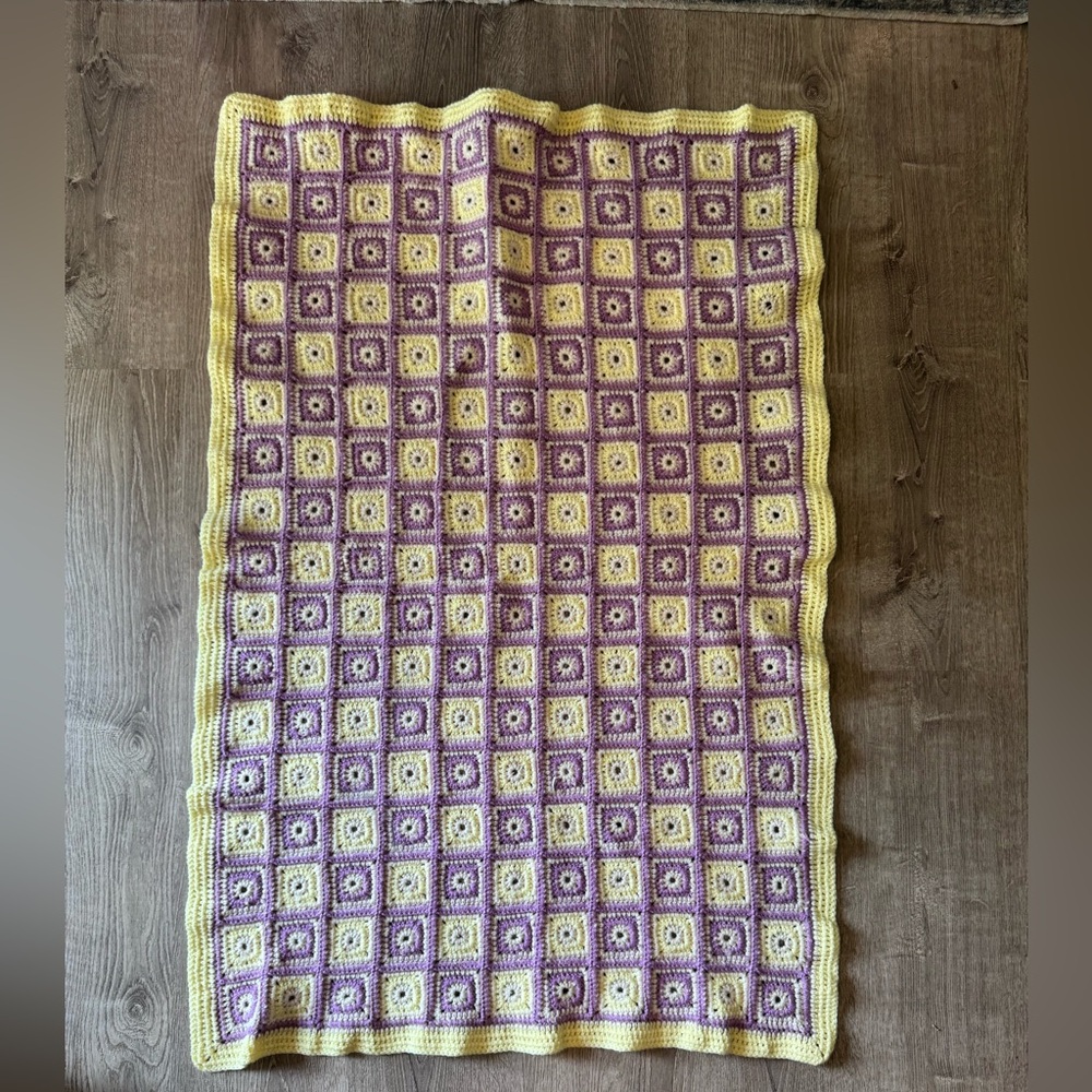 Vintage Handmade Crochet Blanket in Yellow and Purple